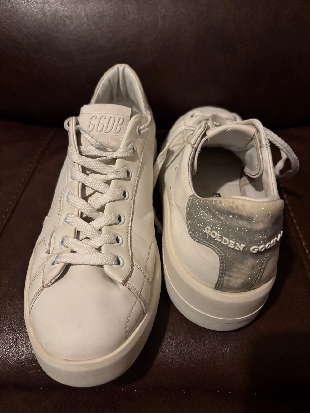 Golden Goose White Sneakers with Silver Glitter Heel Patch